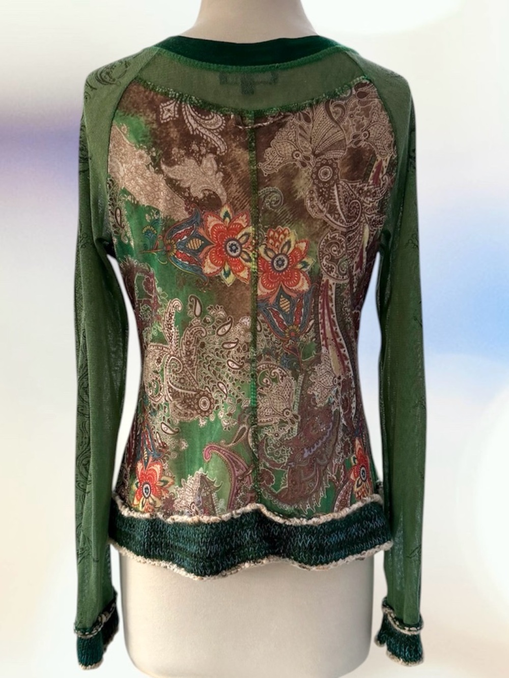 Kaktus Y2K Green & Blue Paisley Floral Printed Mesh Zip Front Top ~ Women’s M/L - Picture 4 of 10
